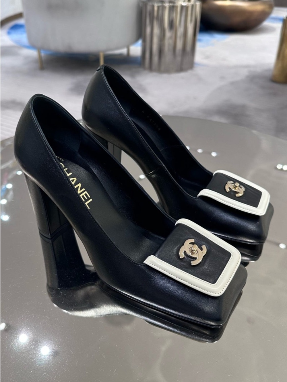 NEW Chanel Blazy Black Lambskin Square Toe CC Logo Turn-lock Pumps Heels 36.5C